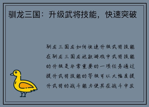 驯龙三国：升级武将技能，快速突破