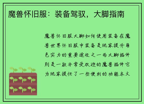 魔兽怀旧服：装备驾驭，大脚指南